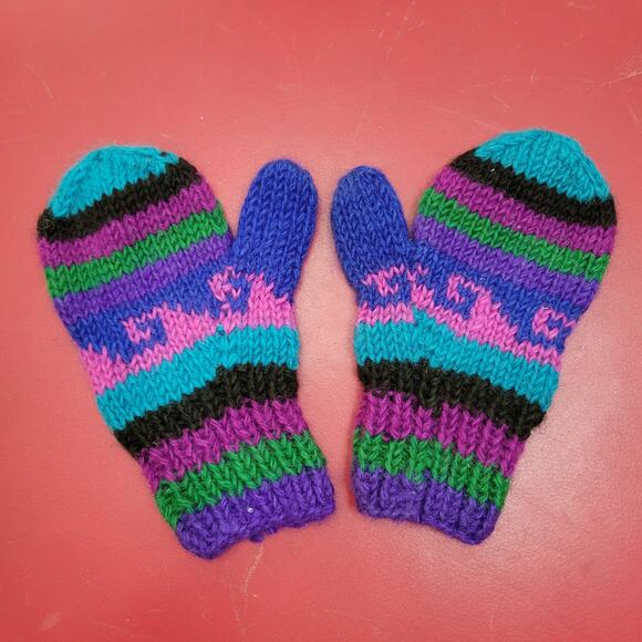 Hand-knitted Nepal Woolen Winter Gloves Mittens - Blue Green Pink Ethnic Wool - Picture 3 of 4